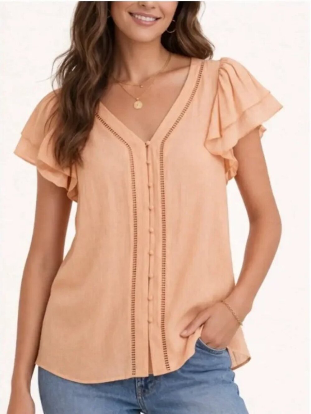 Joie Peach Button Front Blouse Flutter Sleeve Lace Trim Size S NWT